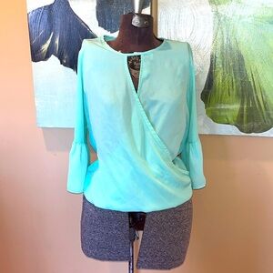 Everly SeaFoam mint aqua green blouse szS beautiful top faux wrap style shirt